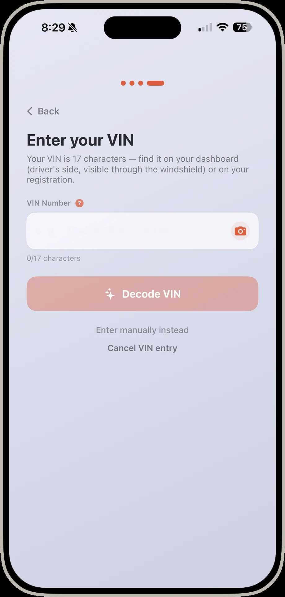 DrivIQ enter your VIN screen with a decode VIN button