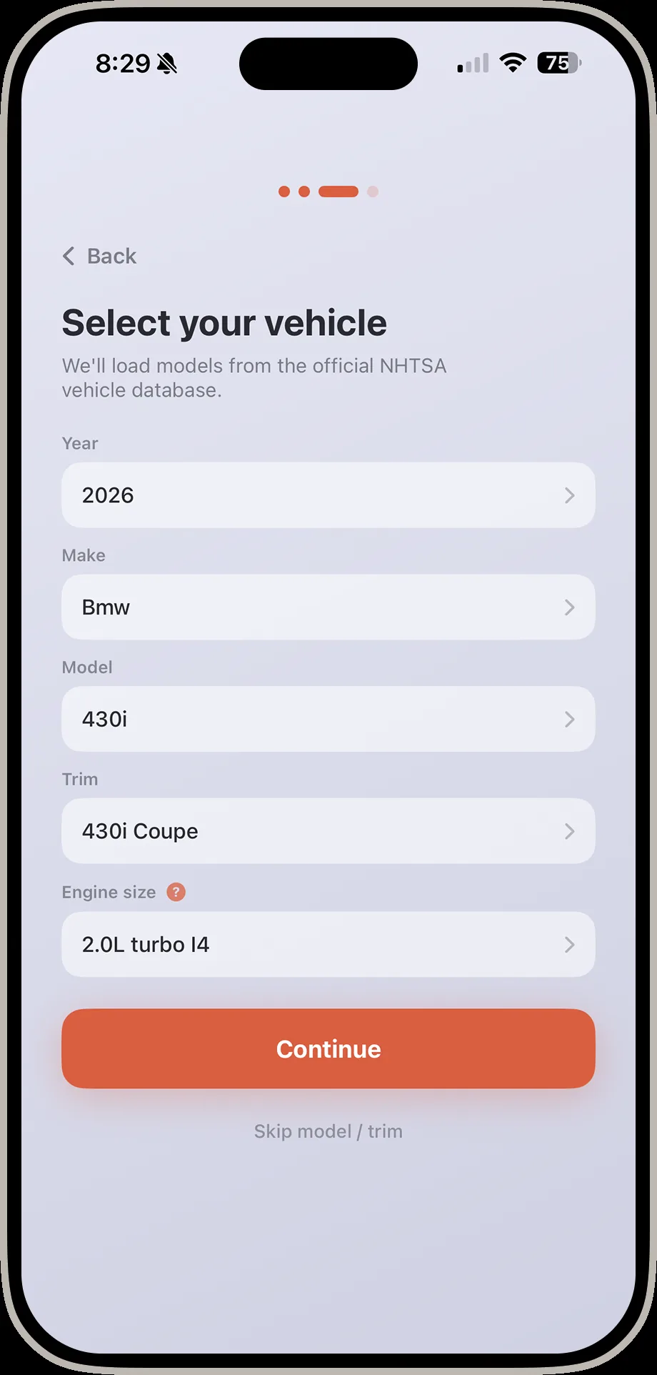 DrivIQ select your vehicle screen with year make model trim and engine size dropdowns