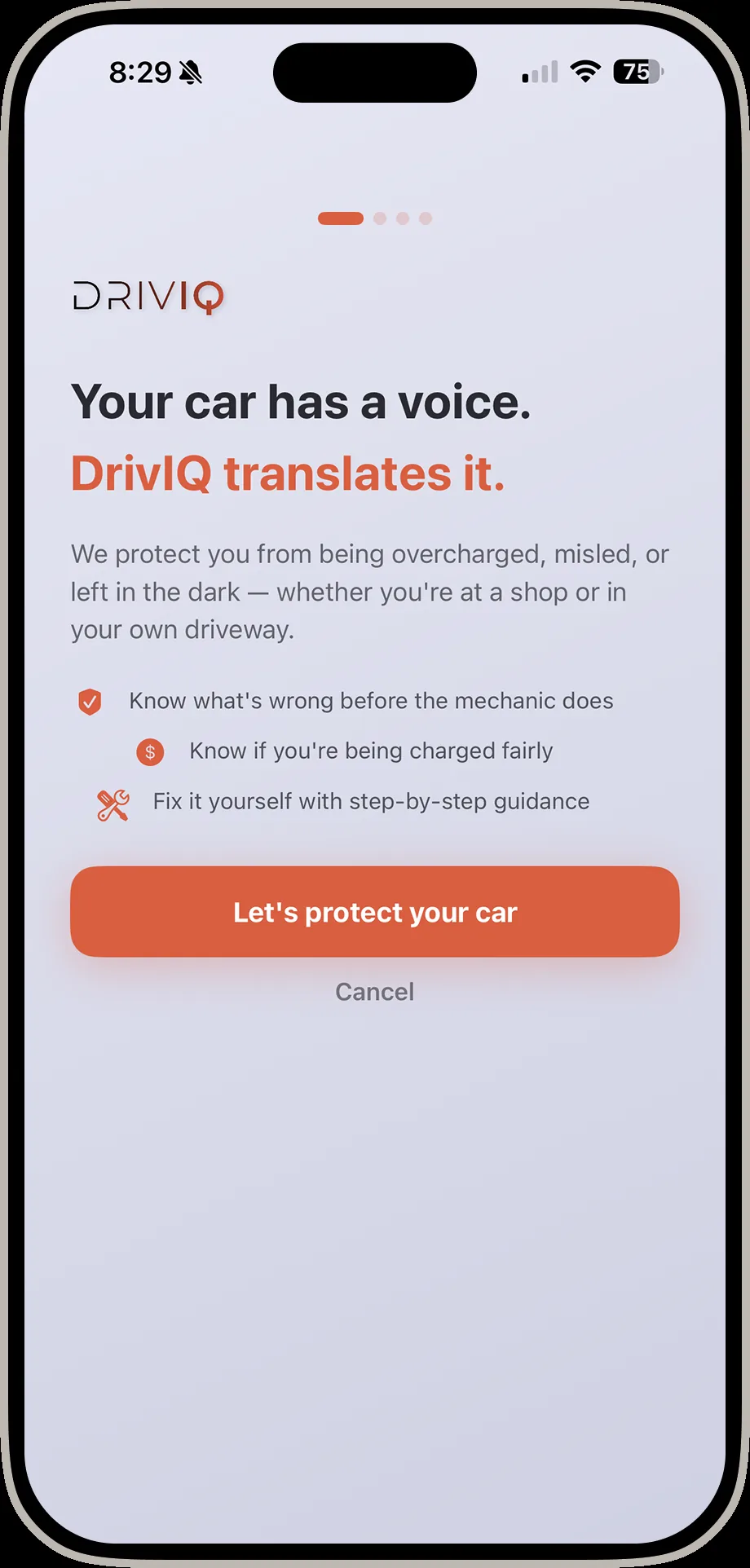 DrivIQ onboarding screen reading Your car has a voice, DrivIQ translates it
