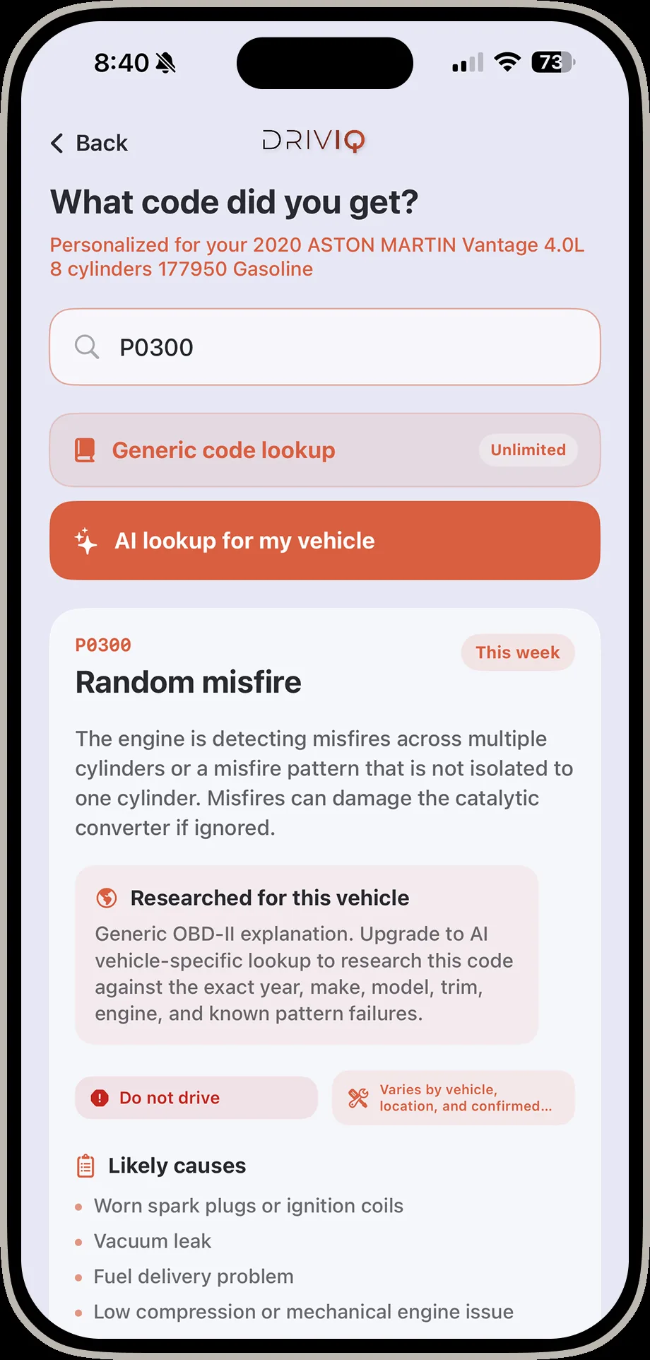 DrivIQ generic code result screen showing a random misfire explanation with likely causes