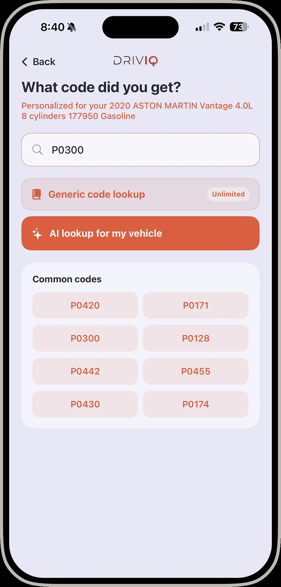 DrivIQ what code did you get screen with P0300 entered and common codes listed