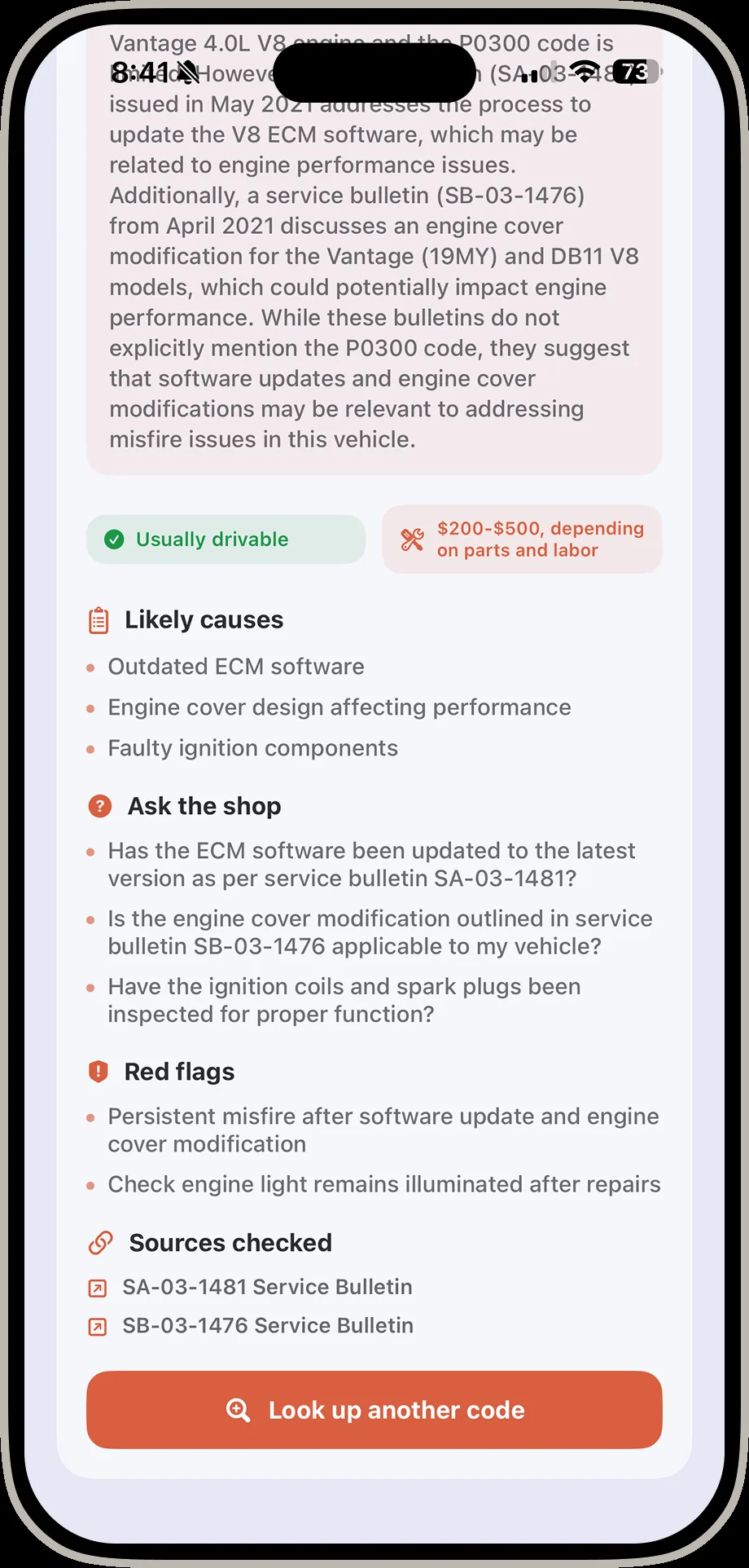 DrivIQ vehicle specific result screen showing red flags and sources checked including service bulletins