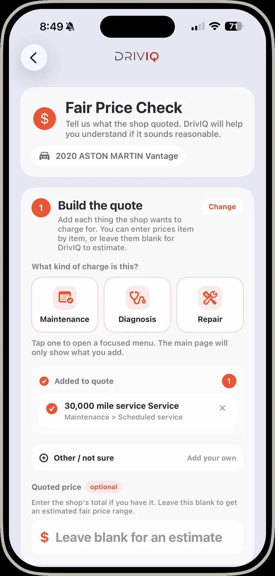 DrivIQ build the quote screen with 30000 mile service added