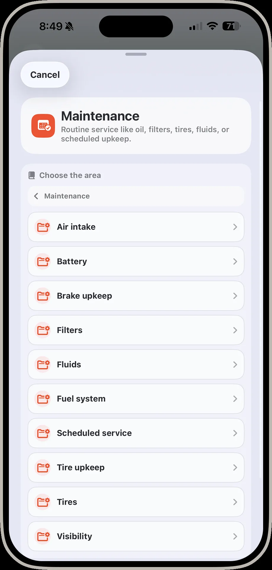 DrivIQ screen choosing the area of the vehicle including air intake, battery, brake upkeep, and scheduled service