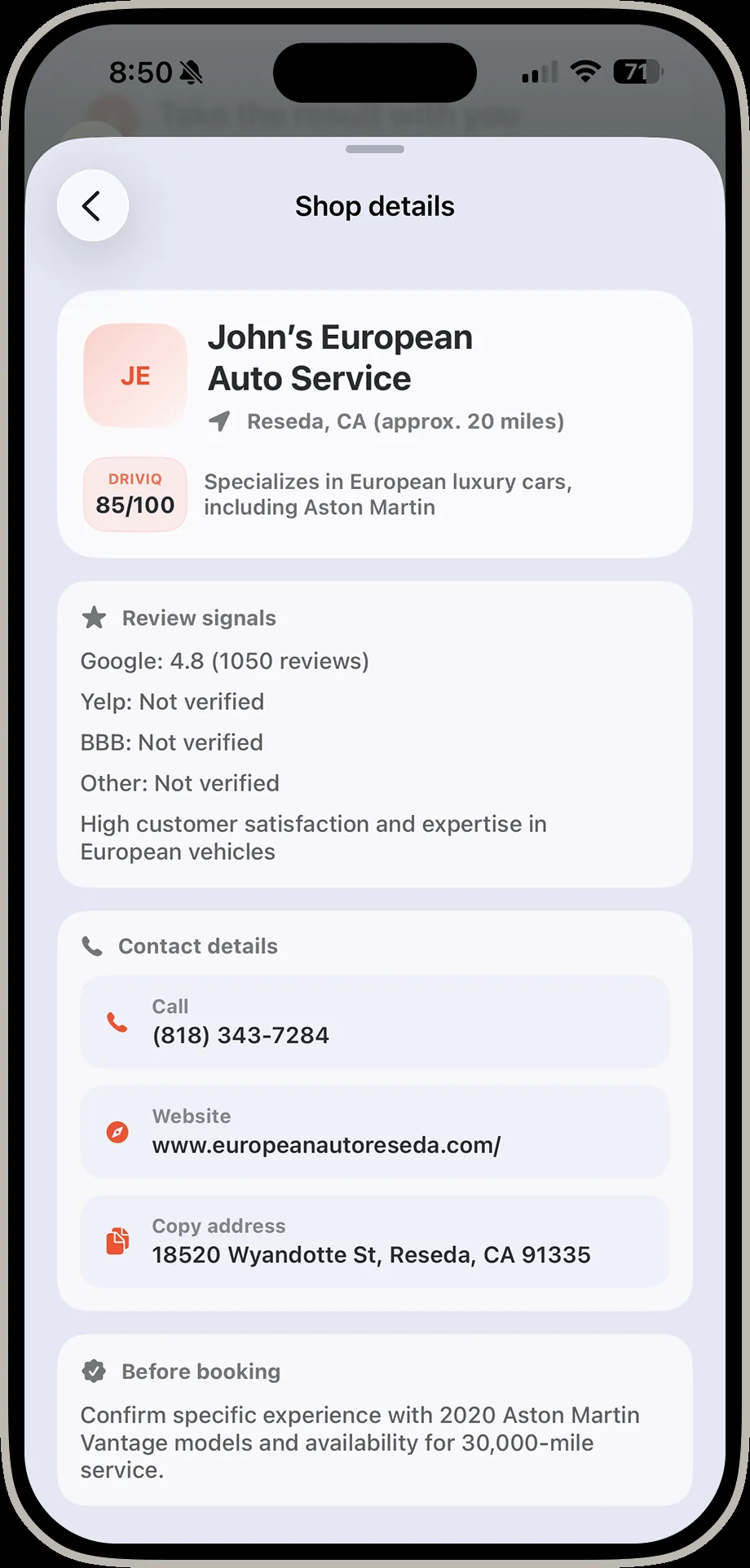DrivIQ shop details screen for John's European Auto Service showing rating, reviews, phone, website, and address