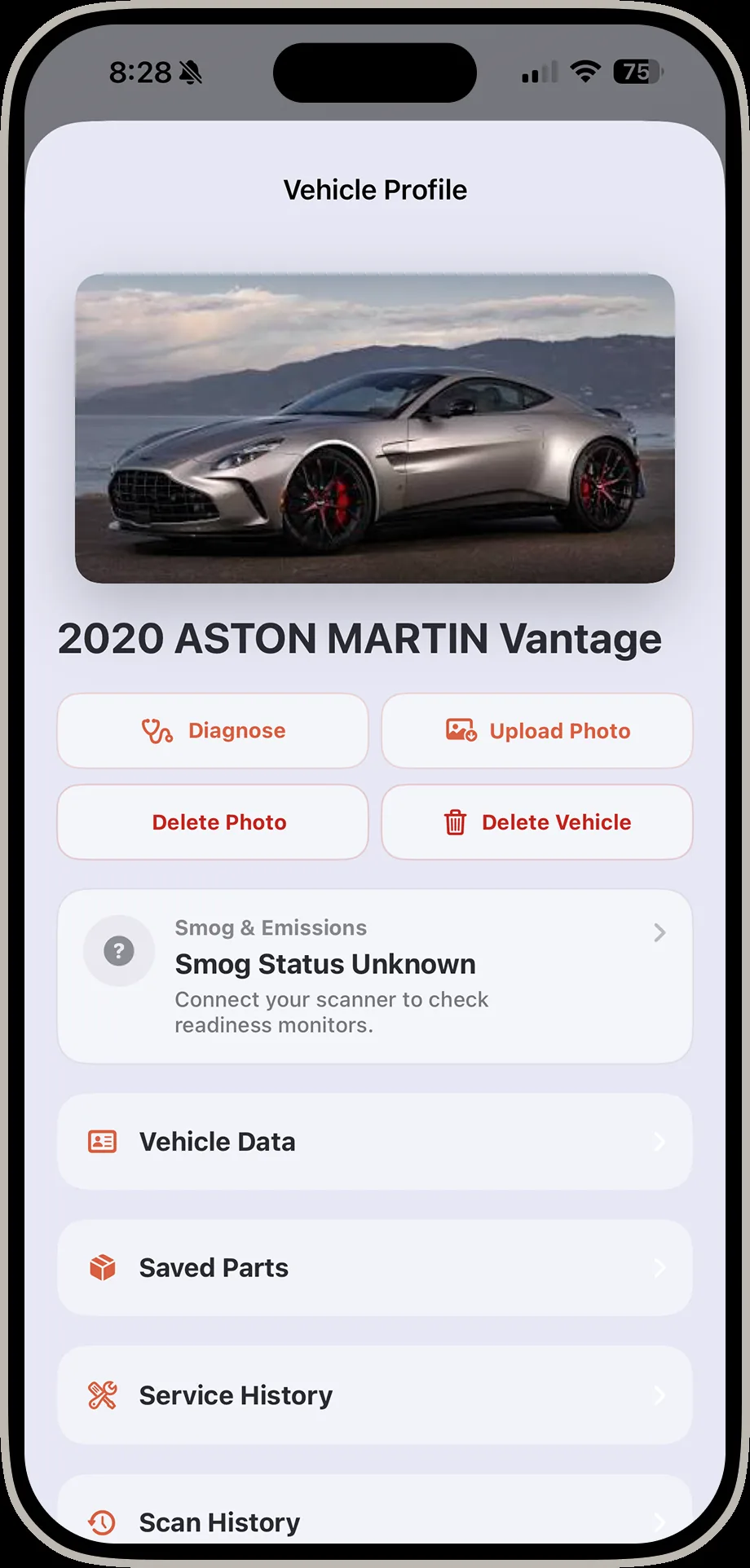 DrivIQ vehicle profile screen with photo, diagnose button, smog status, and service history links