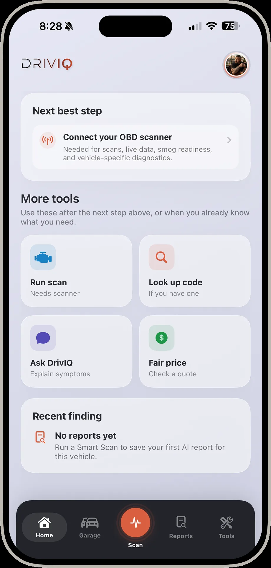 DrivIQ home screen showing next best step and more tools sections