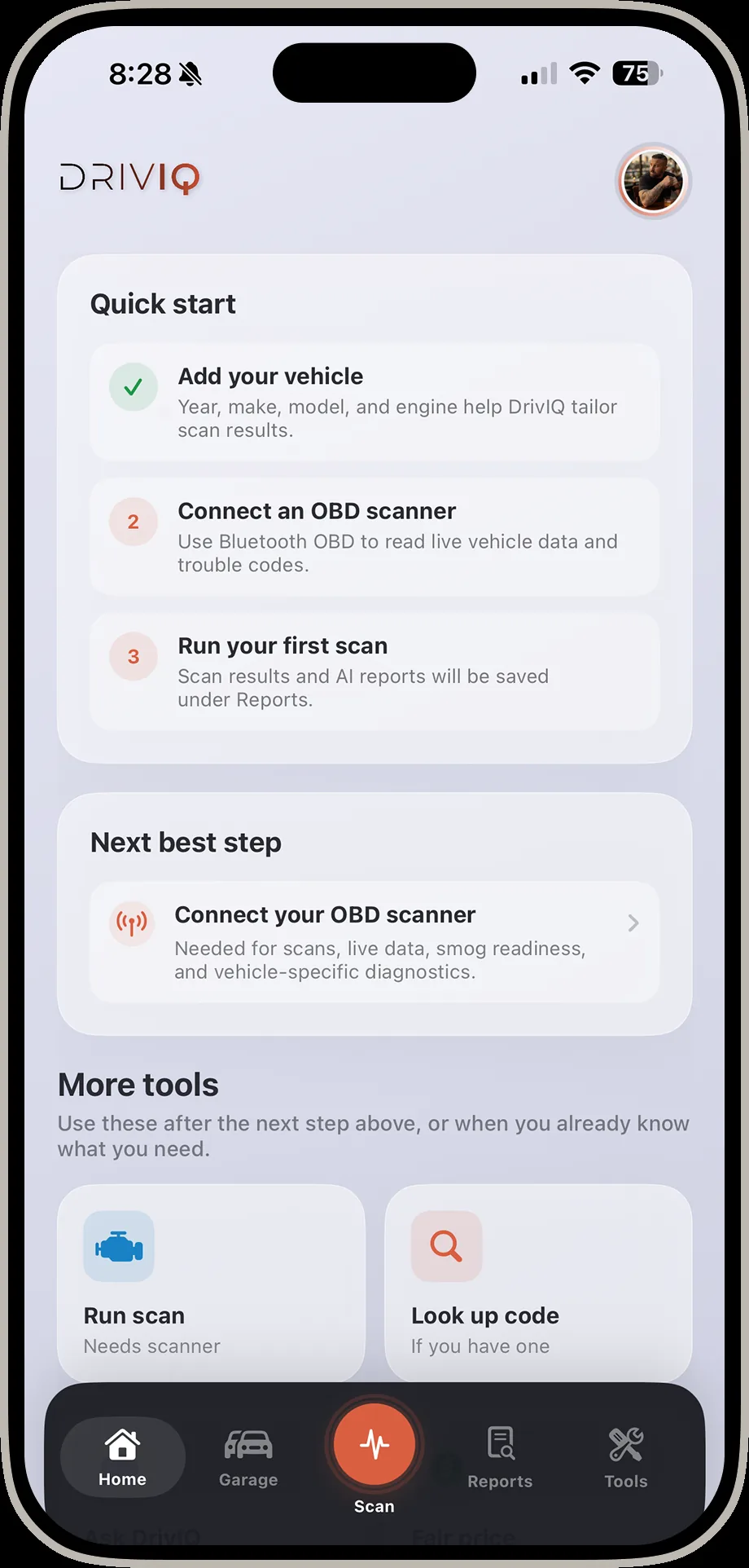 DrivIQ home screen showing quick start checklist for adding a vehicle and running a first scan