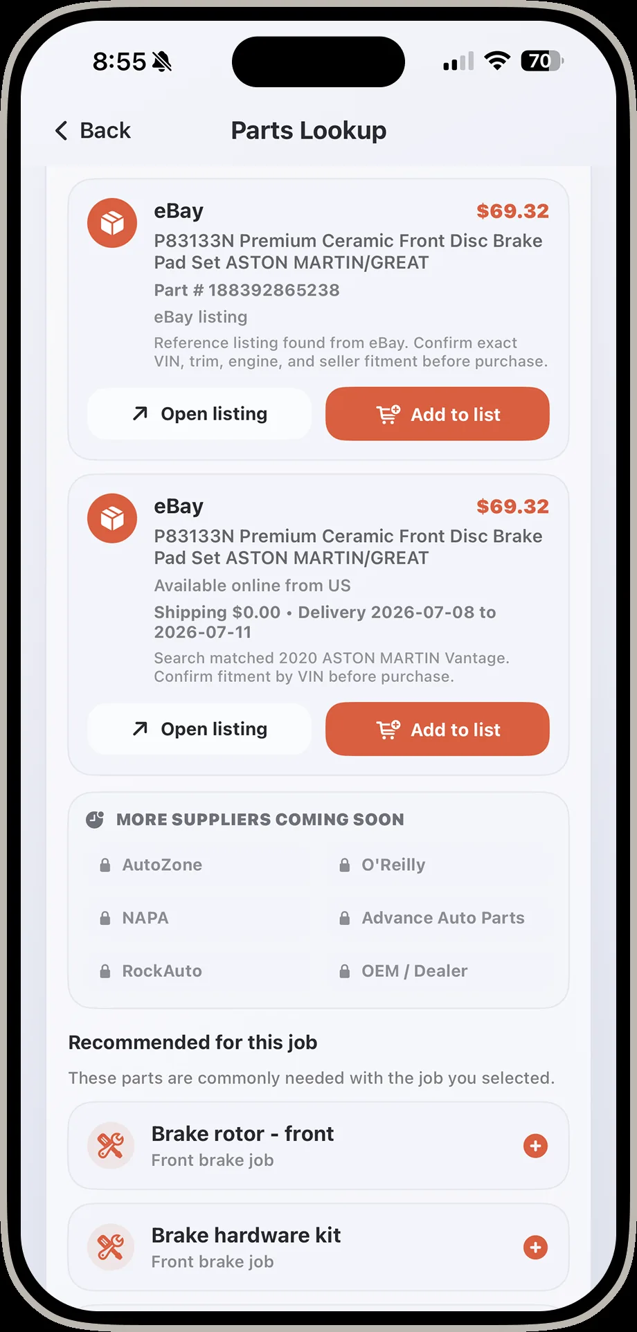 DrivIQ parts lookup results screen showing eBay brake pad listings with prices and recommended parts