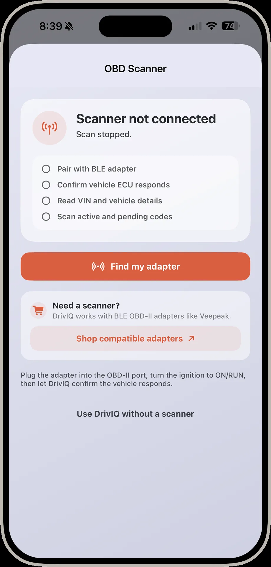 DrivIQ OBD scanner screen showing scanner not connected with pairing steps