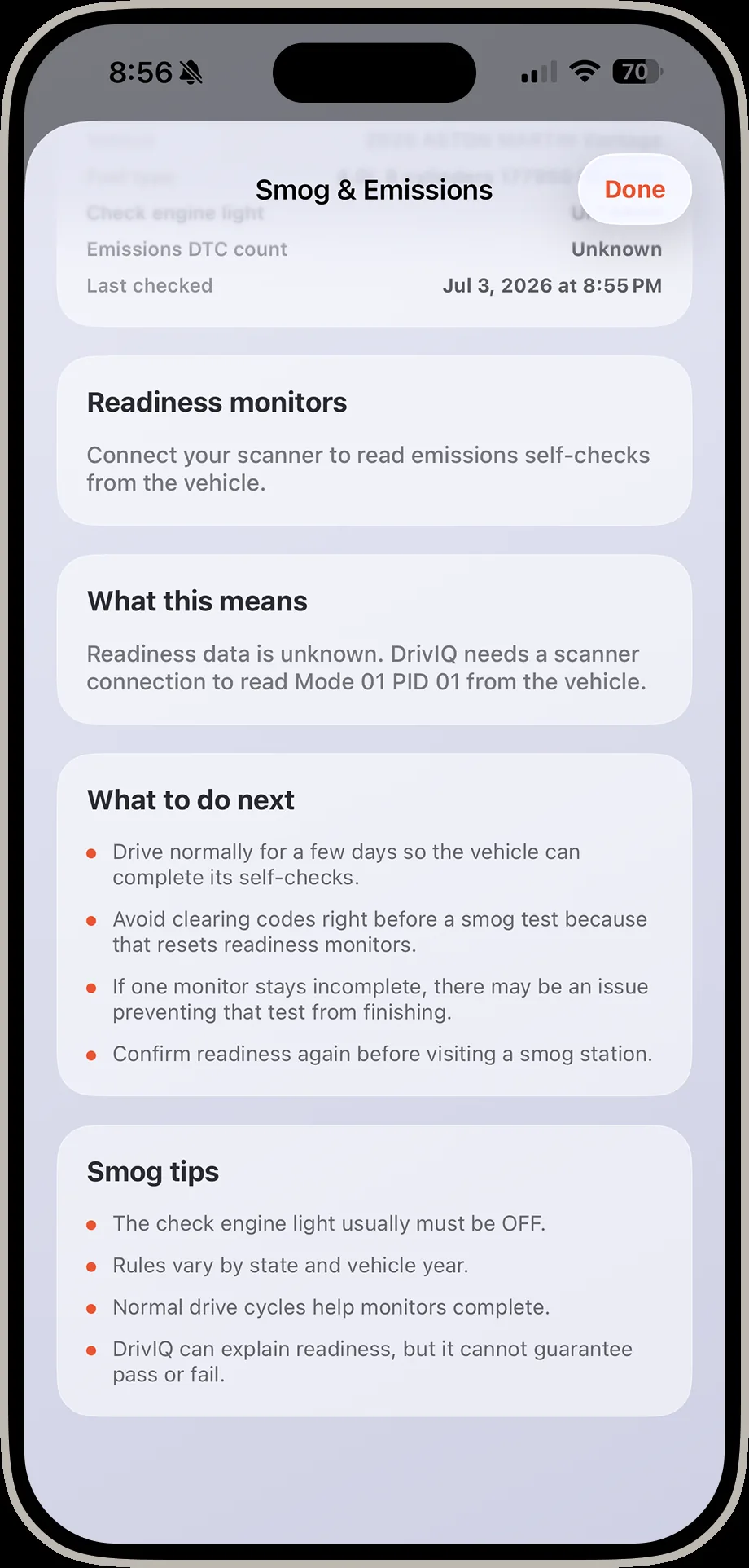 DrivIQ smog and emissions detail screen explaining what readiness data means and what to do next